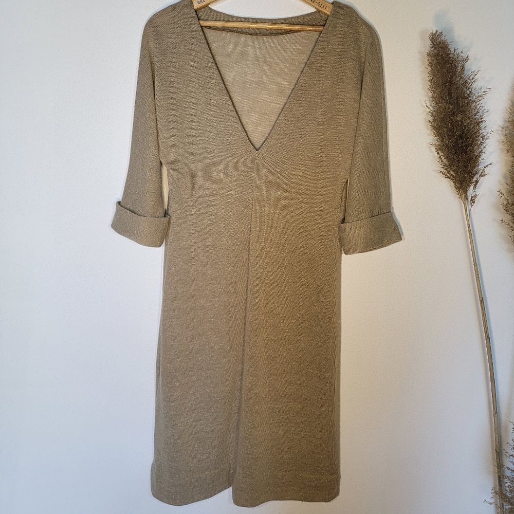 VINTAGE lightweight see-through tan knit dress V-neck
